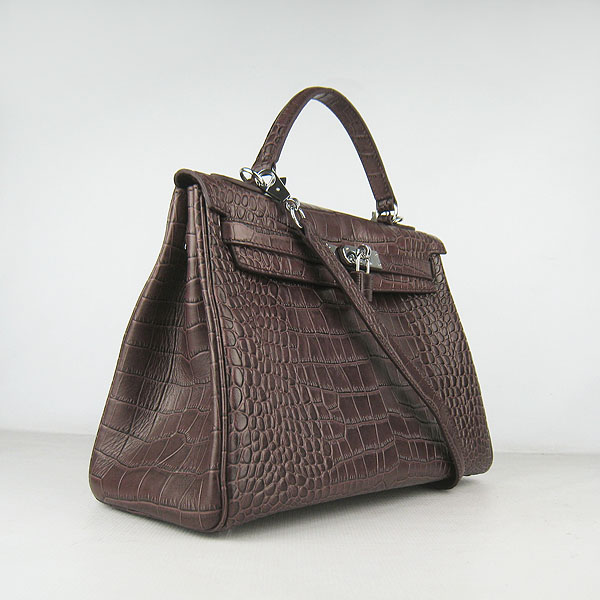 7A Replica Hermes Kelly 32cm Crocodile Veins Leather Bag Dark Coffee 6108 - Click Image to Close